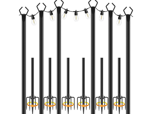 10Ft String Light Poles 6 Pack,Light Poles for Outside Lights,Outdoor with Fence Brackets Hanging Lights,Metal Stand Deck Patio Backyard
