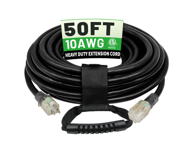 50 Ft 10AWG Outdoor Extension Cord Waterproof Heavy Duty, Black 10 Gauge 3 Prong, Flexible Cold-Resistant Power Cord Indoor & Outside with Lighted...
