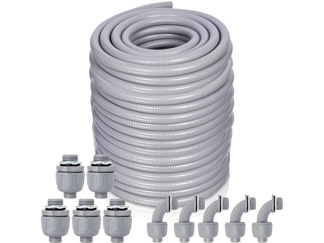Liquid-Tight Conduit and Connector Kit - 1/2 Inch 150 FT Non Metallic Liquid Tight Electrical Conduit with 5 Straight and 5 Angle Fittings