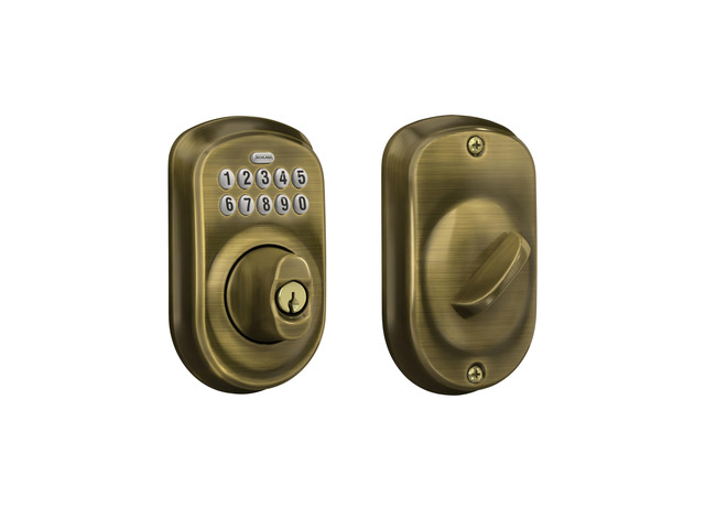 Plymouth Electronic Keypad Deadbolt Lock, Keyless Front Door Entry, Mechanical Key Backup Included, Antique Brass, BE365 V PLY 609