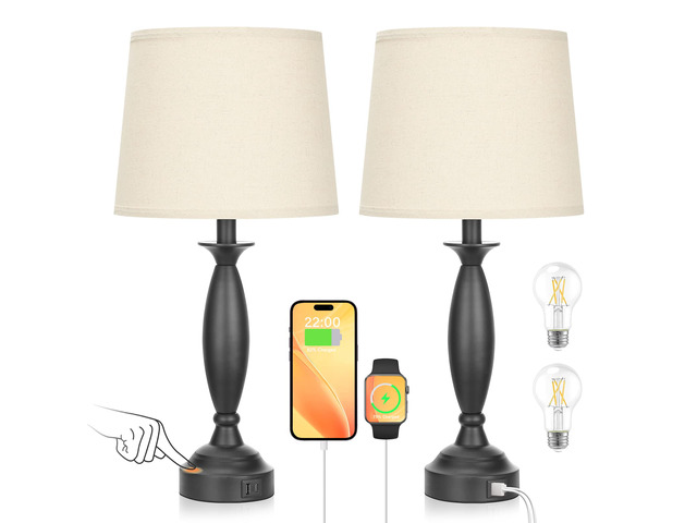 Bedroom Lamps for Nightstand, 3 Way Dimmable Black Bedside Lamps with USB Touch, USB C+A Ports, Bulb Included, Beige Shade, Black, Bed Side lamps...
