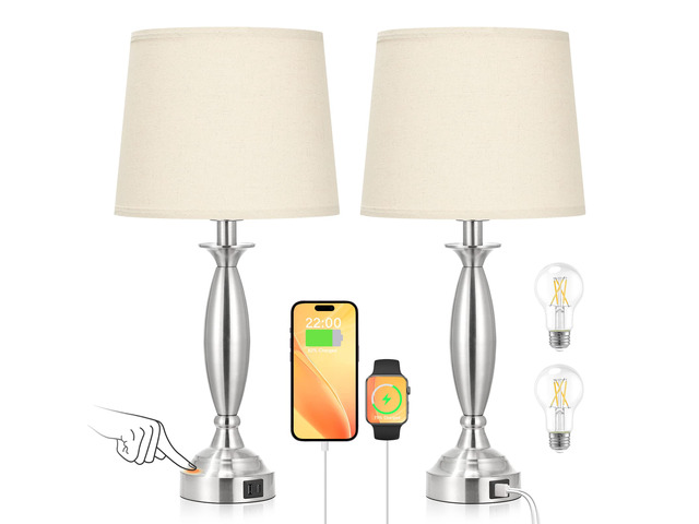Bedroom Lamps for Nightstand, 3 Way Dimmable Silver Bedside Lamps with USB Touch, USB C+A Ports, Bulb Included, Beige Shade, Silver, Chrome, Bed...