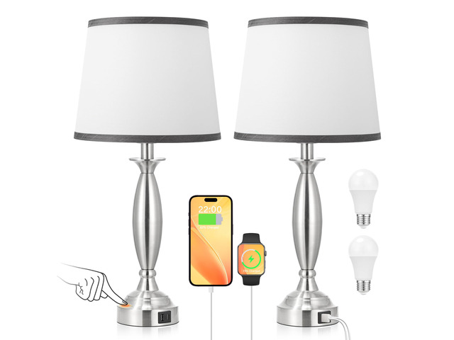 Bedroom Lamps for Nightstand, 3 Way Dimmable Silver Bedside Lamps with USB Touch, USB C+A Ports, Bulb Included, Grayish-white Shade, Silver,...