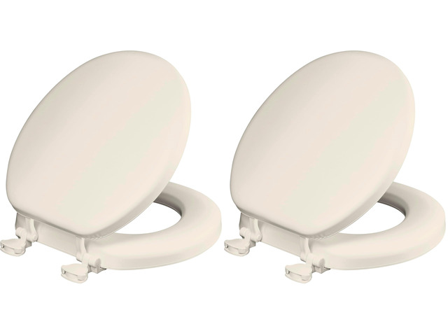 Padded Toilet Seat, Cushioned Soft Vinyl over Wood Core Seat, Secure Hinges, Easy Clean, Made in USA, Round, Biscuit (Pack of 2)