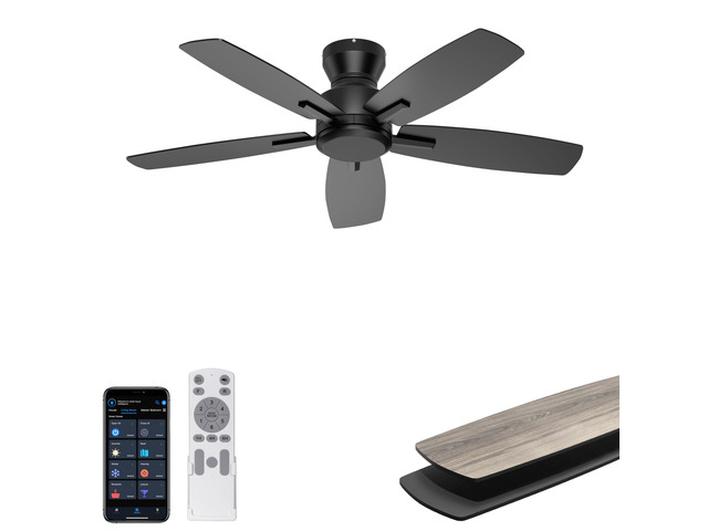 42'' Low Profile Ceiling Fan No Light for Bedroom Kitchen, Black Flush Mount, Remote/APP Control, Quiet Reversible DC Motor, 4400 CFM, for...