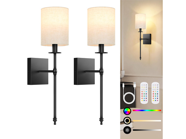 19 inch Battery Operated Wall Sconces Set of 2 with Remote, Rechargeable Wireless Wall Lights with Beige Fabric Shade, Indoor Not Hardwired...