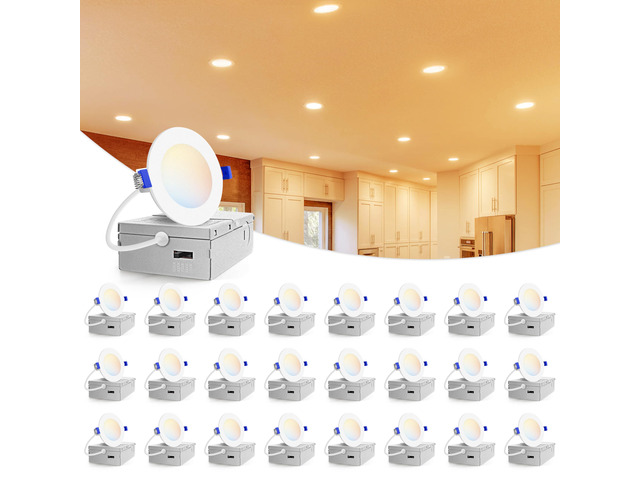 24 Pack 3 inch Recessed Lighting, 5CCT, 2700K-5000K Selectable LED Recessed Light with Junction Box, Dimmable Canless Wafer Downlight, LED Ceiling...
