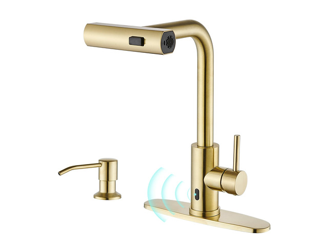 Touchless Kitchen Faucets with Sprayer & Soap Dispenser, Gold Brushed Gold, Waterfall, Single Hole & Handle, Pull Out Sink Faucet, Suitable for...