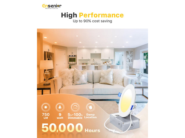 6 Pack 4 Inch LED Recessed Light, 5CCT Dimmable Canless Wafer 2700K-5000K Selectable, 5%-100% Dimmable, 750LM 9W 120V, IC & Damp Rated, ETL & FCC &...