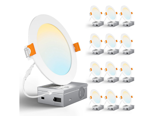 12 Pack 6 Inch Ultra-Thin 5CCT LED Recessed Ceiling Light,Canless 1050LM, 2700K-5000K Selectable,12W Eqv 110W,5%-100% Dimmable,Wafer Downlights...