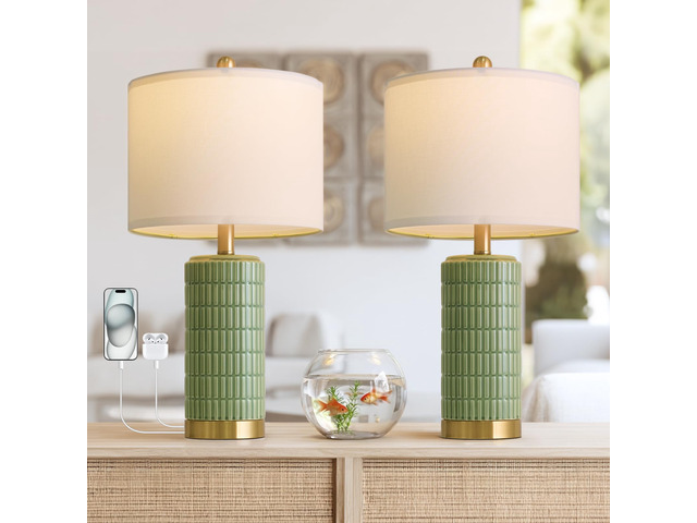 Bedside Table Lamps Set of 2 for Living Room with 2 USB Ports, 21.5'' Small Modern Nightstand Lamps for Bedroom, Ceramic Side Table Lamps with Gold...