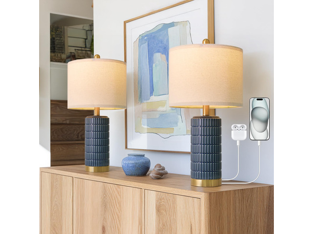 21.5'' Bedside Table Lamps Set of 2 with USB A+C Ports for Living Room, Ceramic Modern Lamps for Bedroom, Small Nightstand Lamps for Office Guest...