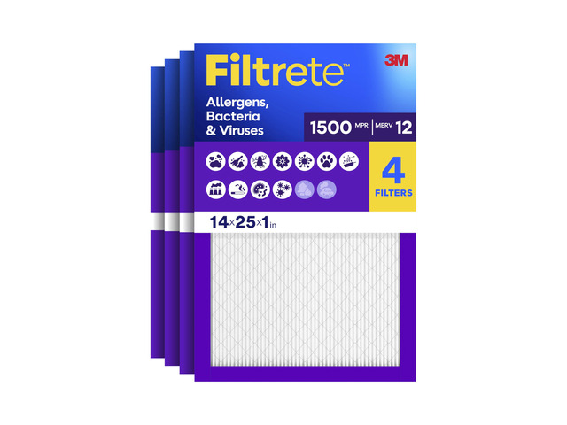14x25x1 Air Filter, MERV 12, MPR 1500, Allergens, Bacteria & Viruses, 3-Month AC and Furnace Filters, Cleaner Air, Reliable Airflow, 4 HVAC Filters...