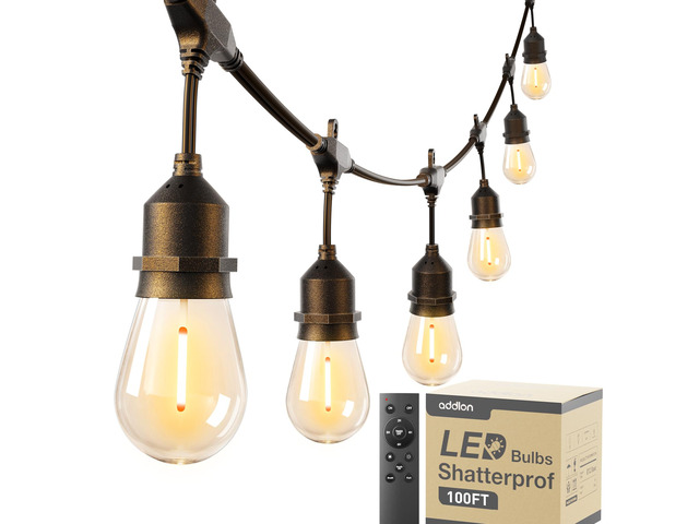 100FT Outdoor String Lights with Remote Dimmable Waterproof Patio 50 Warm White Edison Bulbs, Heavy Duty Shatterproof Hanging Strand for Outside...