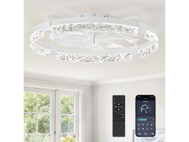 24 Inch Ceiling Fans with Lights, Flush Mount Remote & App Control 3CCT Dimmable LED, DC Motor, Bladeless, Reversible Blade, 6 Speeds, Modern, Low...