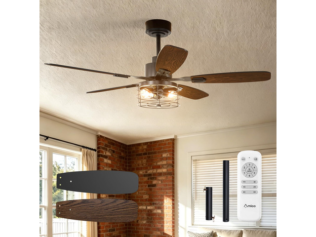52 Inch Farmhouse Caged Ceiling Fans with Lights and Remote, Black E26 Replaceable Bulbs, Downrod Mount, Remote, Quiet Reversible Motor, Timer,...