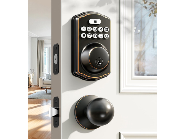 KS01C Keyless Entry Deadbolt Door Lock with Knobs, Oil Rubbed Bronze Electronic Backlit Keypad Handle Set, Auto Lock, Anti-Peep Code, One-time...