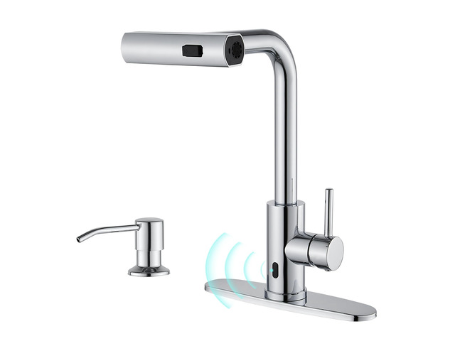 Touchless Kitchen Faucets with Sprayer & Soap Dispenser, Chrome Waterfall, Single Hole, Single Handle, Pull Out Sink Faucet, Suitable for Farmhouse...
