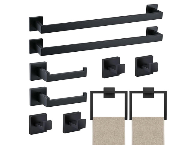 10 Piece Towel Bar Set - 23.6Inch Bath Towel Holder - Matte Black Stainless Steel Towel Racks for Bathroom Wall Mounted, Towel Rod for Bathroom Wall
