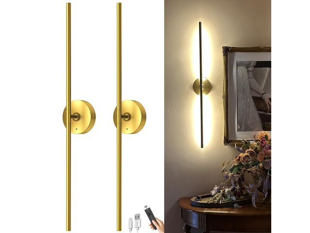 Battery Operated Wall Sconce Set of Two: Gold Wireless Rechargeable Wall Light with 10000mAh Detachable Battery and Remote, 360° Rotatable Scone...