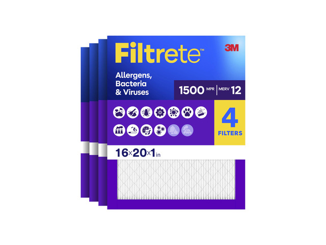 16x20x1 Air Filter, MERV 12, MPR 1500, Allergens, Bacteria & Viruses, 3-Month AC and Furnace Filters, Cleaner Air, Reliable Airflow, 4 HVAC Filters...