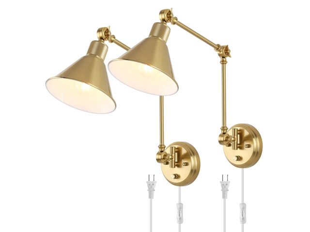 Wall Sconces Plug in, Dimmable Wall Sconces Brushed Brass Swing Arm Wall Lights Plug in Wall Mounted Light Industrial Wall Lights with 6FT Plug in...