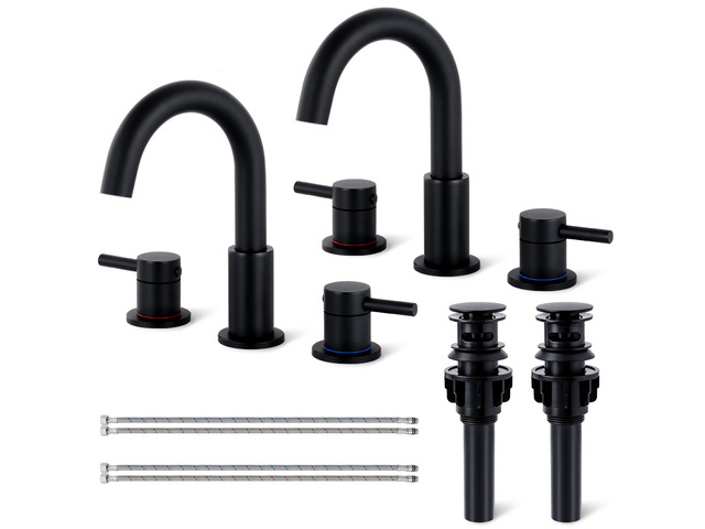 Black Bathroom Faucet 3 Hole, 2-Handle Widespread Faucet (2 Pack) Lead-free stainless steel, pop-up drain, Detachable faucet aerator, 360°swivel,...