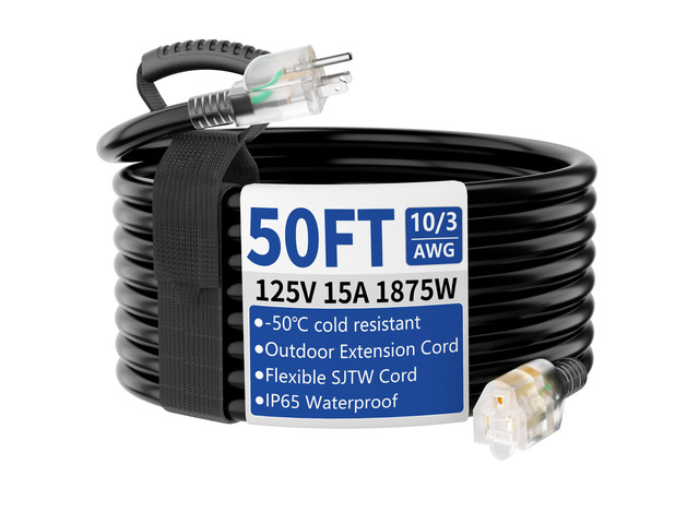 50ft Outdoor/Indoor Extension Cord with Lighted 10/3 Gauge, Black 3 Prong, Heavy Duty, SJTW, Waterproof, Flexible Cold-Resistant extension cord for...