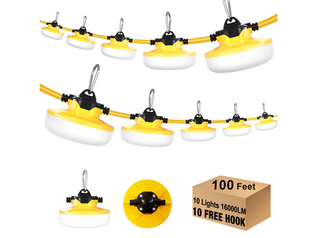 LED Construction String Light 100FT, 130W 16000Lm Industrial LED String Work Lights with 10 Bulbs, Linkable 5000K Super Bright Temporary Lighting...