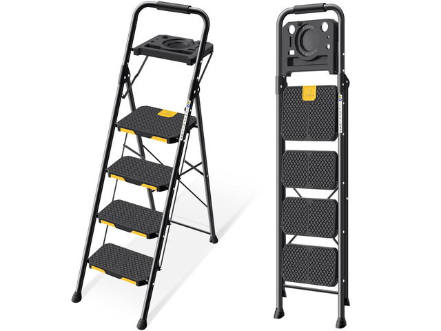 4 Step Ladder with Tool Platform, Folding Step Stool with Wide Pedal, Safety Locking, Sturdy Steel Ladder Portable Safety Ladder for Painting Home...