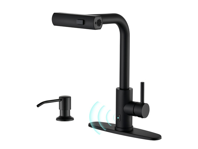Touchless Kitchen Faucets with Sprayer & Soap Dispenser, Black Matte Black, Single Hole & Handle, Pull Out Tap, Waterfall Stainless Steel Sink...