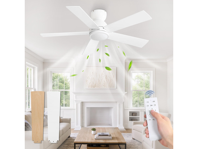 42 Inch Small Ceiling Fan no Light, Flush Mount, White 6 Speeds, Quiet Reversible DC Motor, White Ceiling Fan with Remote, Easy Install for...