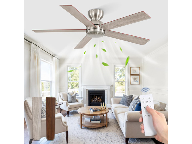 48 Inch Low Profile Ceiling Fan no Lights, Modern, Brushed Nickel 6 Speeds, Quiet Reversible DC Motor, Remote Control, Indoor/Covered Outdoor...