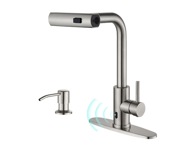 Touchless Kitchen Faucets with Sprayer & Soap Dispenser, Brushed Brushed Nickel, Single Hole & Handle, Pull Out Tap, Waterfall Stainless Steel Sink...