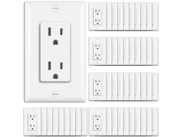 15 Amp Receptacle Outlet, 50 Pack Electrical Wall Outlet, Non-Tamper Resistant, Decorator Wallplate Included, 15A/125V/1875W, UL Listed, White