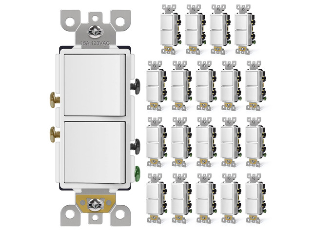 20 Pack Decorator Double Rocker Light Switch, Two Single Pole Electrical Paddle, 15A 120V, in-Wall On/Off Interrupter, Self-Grounding, UL Listed,...