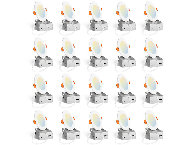 20 Pack 4 Inch LED Recessed Light with Junction Box, 5CCT, 800LM, 11W 2700K-5000K, 5%-100% Dimmable, 120V, White, Metal Housing, Ultra-Thin Canless...