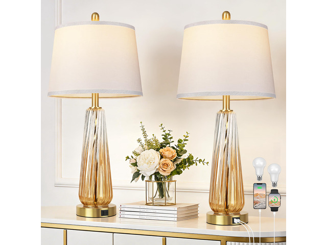 Glass Table Lamps Set of 2, Modern Bedside Lamps for Bedrooms with 3-Way Dimmable Touch Control Nightstand Lamp with White Lampshade USB A+C Ports,...