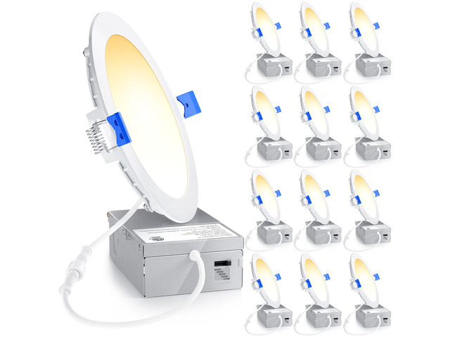 12 Pack 6 Inch LED Recessed Light, 5CCT Dimmable Canless Wafer 2700K-5000K Selectable, 5%-100% Dimmable, 1200LM 12W 120V, IC & Damp Rated, ETL &...