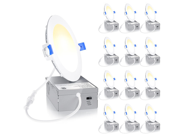 12 Pack 4 Inch LED Recessed Light, 3CCT Dimmable Canless Wafer 3000K-5000K Selectable, 5%-100% Dimmable, 750LM 9W 120V, IC & Damp Rated, ETL & FCC...