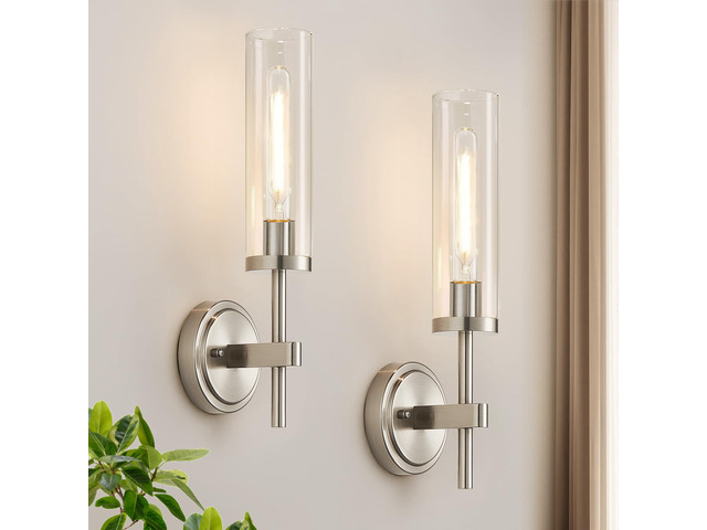 Wall Sconces Set of Two, Brushed Nickel Bathroom Sconces with Clear Glass, Hardwired Sconces Wall Decor Set of 2, Modern Wall Light Fixtures for...