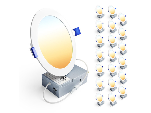 20 Pack 6 Inch LED Recessed Light, 5CCT Dimmable Canless Wafer 2700K-5000K Selectable, 5%-100% Dimmable, 1200LM 12W 120V, IC & Damp Rated, ETL &...