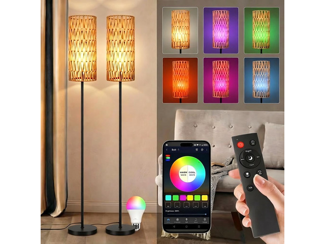 2 Pack Smart Floor Lamp for Living Room,Gaming - Remote, Timer Floor lamp with Remote, APP Control & RGB Standing lamp with Hand-Worked Rattan...