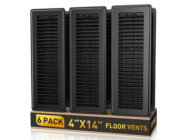 4x14 Floor Register, 6 Pack Vent Covers for Home Floor and Sidewall, Black Heavy Duty Steel Walkable Floor Vents, Rust-Proof & Adjustable Quiet...