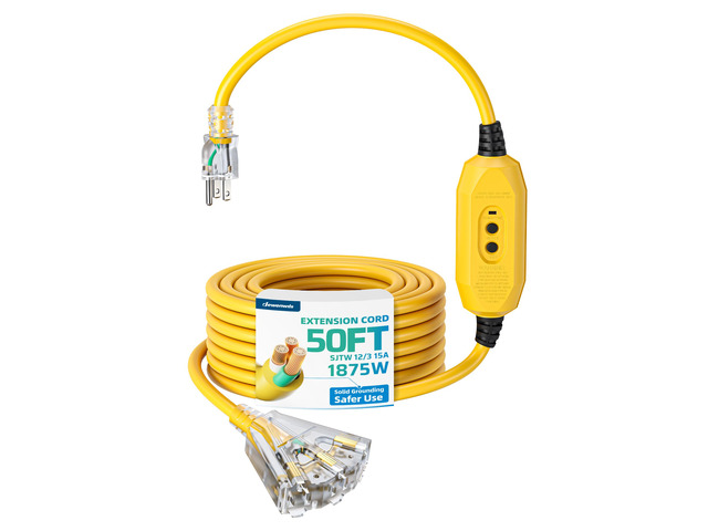 50FT Auto Reset GFCI Extension Cord, 12/3 AWG SJTW LED Indicator Light, 3 Prong Plug, Heavy Duty Power Cable for Pool Pump, Pressure Washer, Lawn...