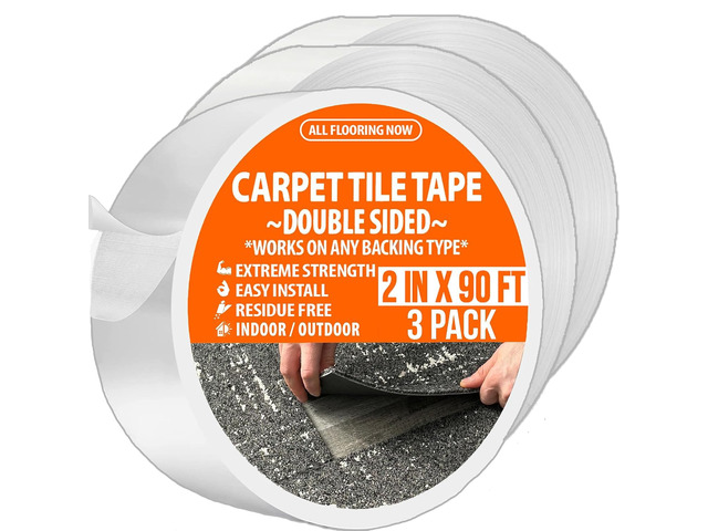 Carpet Tile Tape Double Sided 2in x 90ft (3 Pack) Heavy Duty Reinforced Web Mesh & Residue Free - Indoor Outdoor for Carpet Tiles, Hardwood, Vinyl,...