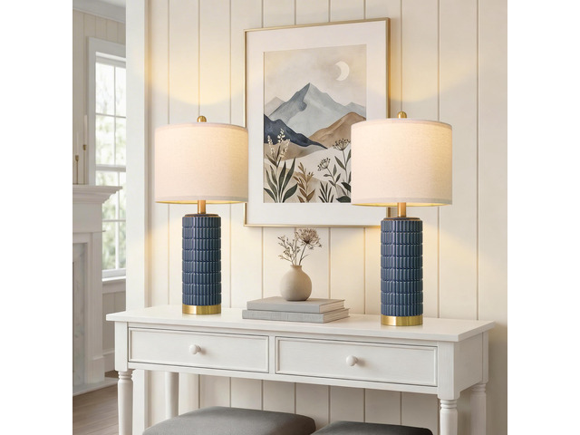 25'' Blue Table Lamps for Bedroom Living Room Set of 2, Modern Ceramic Bedside Lamps with Gold Base for Office Sideboard Entryway Side End Table...
