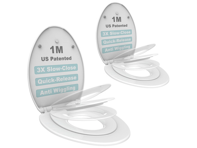 Family Toilet Seat, Patented Slow Close & Quick Releasing Technology, Anti-Wiggling, Easy to Install and Clean, Standard Elongated with Toddler...