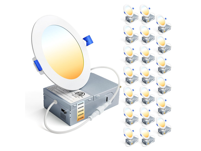 20 Pack 4 Inch LED Recessed Light, 5CCT Dimmable Canless Wafer 2700K-5000K Selectable, 5%-100% Dimmable, 750LM 9W 120V, IC & Damp Rated, ETL & FCC...