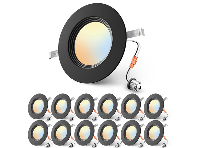 5/6 Inch Black LED Recessed Can Lights, 5CCT, 9W, 1000LM, 12 Pack Retrofit Baffle Trim, 5%-100% Dimmable, 2700K-5000K Selectable CCT, Damp & IC...